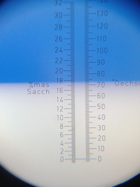 Degrees Brix shown in the refractometer. Degrees Brix shown in the refractometer.