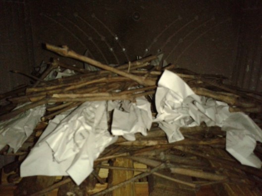 Add a few twigs above the paper strips to help get the twig layer burning.