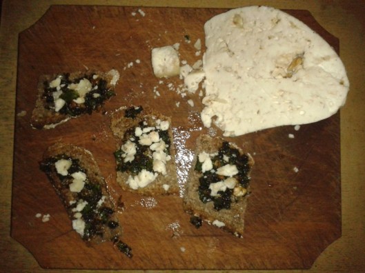 Whole grain bread, stinging nettle pesto, and locally made goat cheese