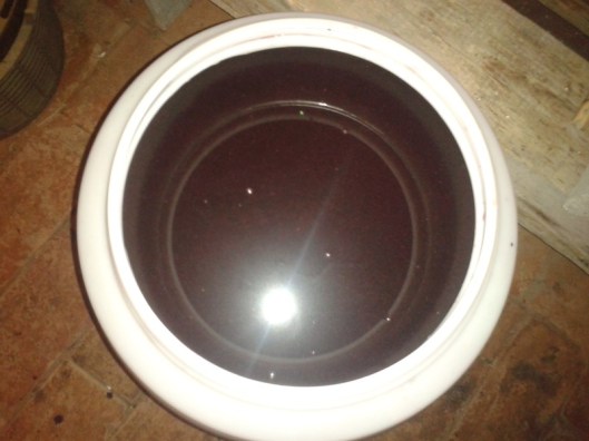Strained mulberry juice. The juice looks like Indian ink in this photo, but that is just a lighting issue from the photograph. The color is actually a rich deep purple-burgundy color.